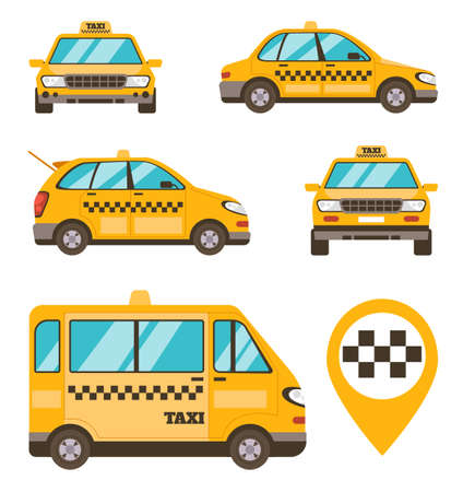 Different models of yellow taxi cab cars isolated set. Vector flat graphic design illustrationのイラスト素材