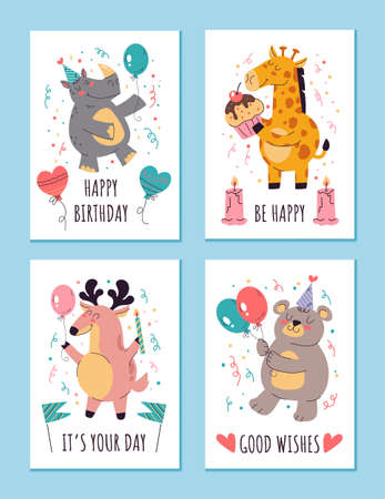 Birthday animal greeting card isolated set. Vector flat graphic design illustrationのイラスト素材