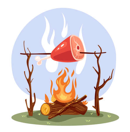 Meat pork leg cooking on open fire. Vector flat graphic design illustrationのイラスト素材