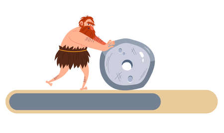 Website caveman loading scale concept. Vector flat graphic design cartoon illustrationのイラスト素材