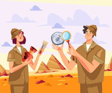 Archeologist people characters man woman discover artifact concept. Vector flat cartoon graphic design illustrationのイラスト素材