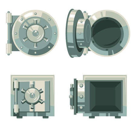 Closed and open empty iron safe isolated set. Vector flat graphic design cartoon illustrationのイラスト素材