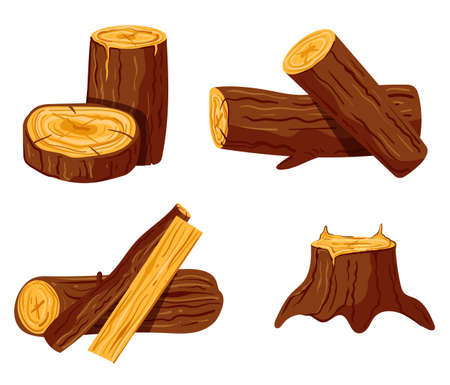 Cut raw wood trunks and planks of pine oak tree on isolated white background set. Vector doodle hand drawn graphic design illustrationのイラスト素材