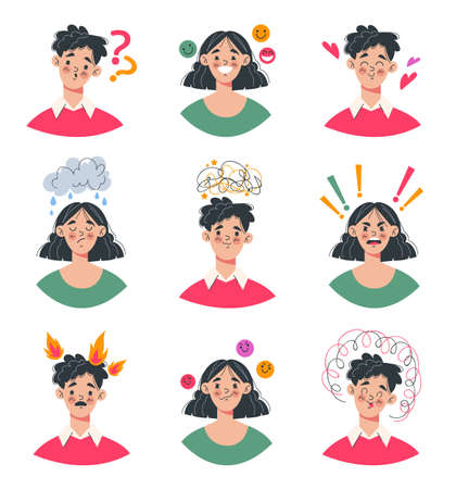 People boy girl with different emotions flat cartoon graphic design illustration setのイラスト素材