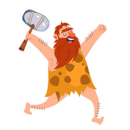 Happy smiling caveman running and hunting concept. Vector flat cartoon graphic design illustrationのイラスト素材