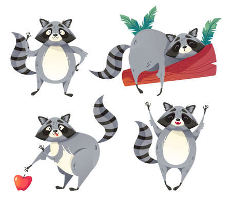Happy smiling raccoon cartoon character design element illustration setのイラスト素材