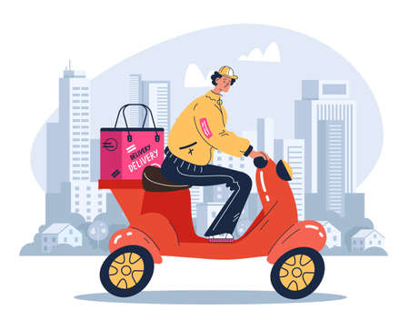 Courier character riding bike and delivering order. Vector flat graphic design cartoon illustrationのイラスト素材