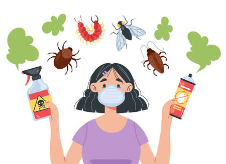 Woman character holding aerosol and spraying bugs. Pest control design element illustrationのイラスト素材