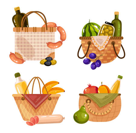 Picnic basket full of food set collection. Vector flat cartoon design element illustrationのイラスト素材