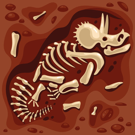 Dinosaur triceratops skeleton remains archeology excavation concept. Vector flat graphic design illustrationのイラスト素材