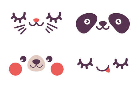 Cartoon animal face muzzle concept set. Vector flat graphic design illustrationのイラスト素材