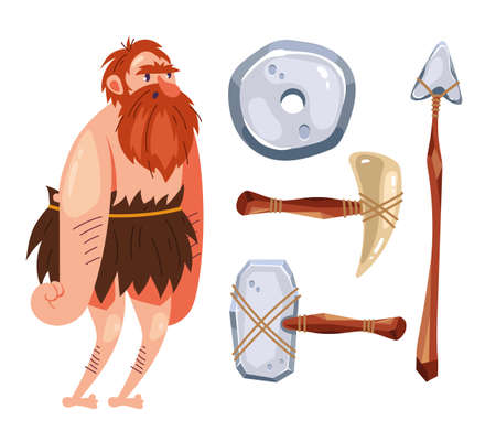 Caveman character with his personal weapon tools concept. Vector flat graphic design illustrationのイラスト素材