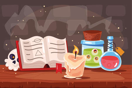 Magic wizard witch room staff workplace concept. Vector flat graphic design illustrationのイラスト素材