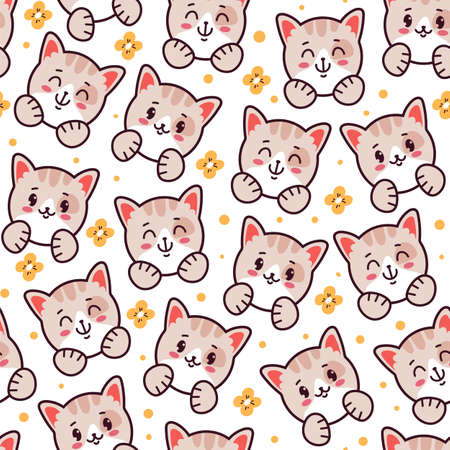 Kawaii cat head muzzle character seamless repeat pattern concept. Vector flat graphic design illustrationのイラスト素材