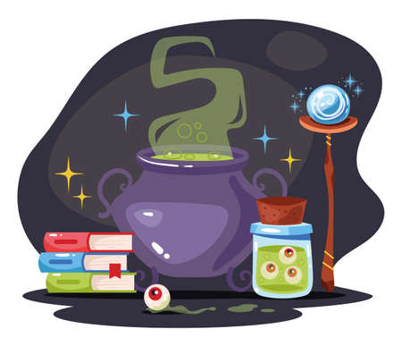 Magic poison prepare in boiled pot concept. Vector flat graphic design illustrationのイラスト素材