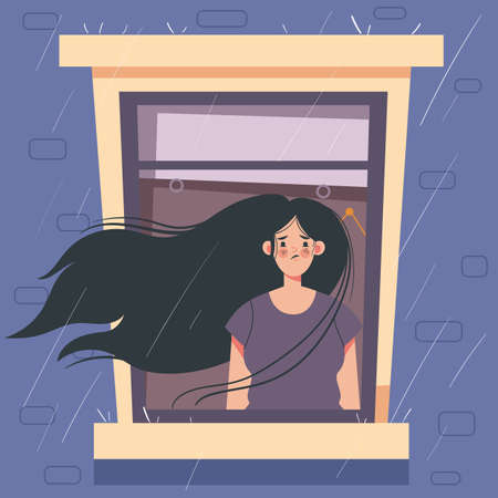 Woman character suffering depression and nightmare concept. Vector cartoon design element illustrationのイラスト素材