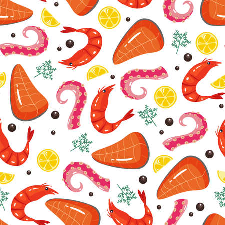 Seafood salmon octopus shrimp seamless cover wrapping pattern. Vector cartoon design illustrationのイラスト素材