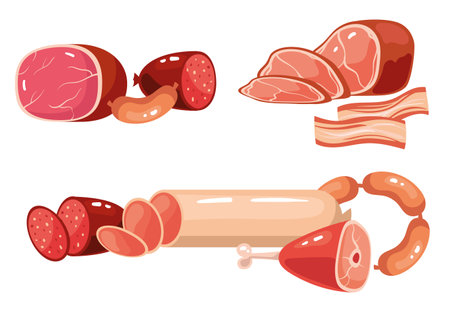Raw meat piece chicken sausage steak isolated set. Vector flat graphic design cartoon illustrationのイラスト素材