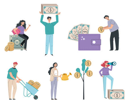Business people man woman character with money. Business success concept. Vector flat cartoon design element illustrationのイラスト素材