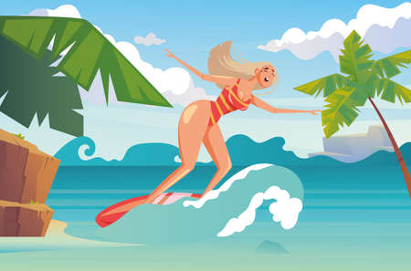 Woman character surfing on beach sea resort concept. Vector flat cartoon graphic design illustrationのイラスト素材