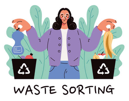 Waste garbage sorting environment protection concept. Vector flat cartoon graphic design illustrationのイラスト素材