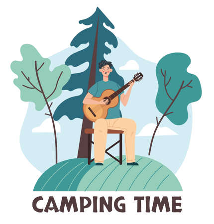 Man character tourist playing guitar and singing song. Camping travel time concept. Vector flat graphic design element illustrationのイラスト素材