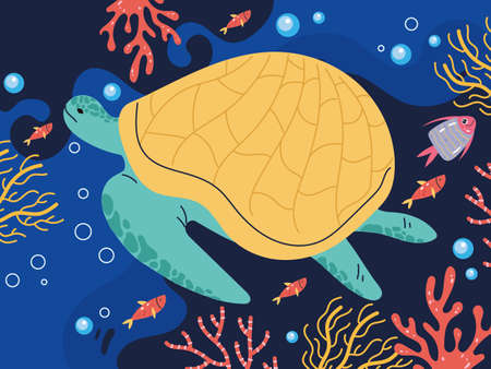 Turtle character swimming on sea bottom composition. Vector flat cartoon graphic design illustration