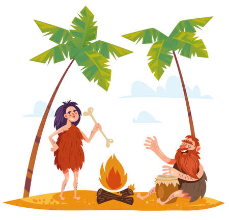 Cave age people family tribe isolated set. Vector cartoon design element illustrationのイラスト素材