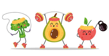 Sporty avocado broccoli apple character making exercise in gym composition. Vector flat graphic design element illustrationのイラスト素材