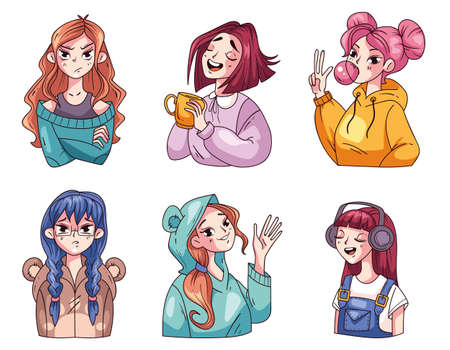 Anime girls with different emotions comic stickers isolated set. Vector graphic design cartoon...