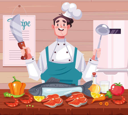 Man chef cooking and explain recipes concept. Vector graphic design cartoon illustrationのイラスト素材