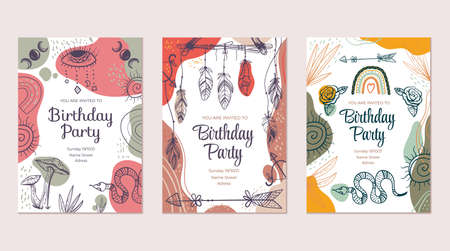 Boho magic tribal aztec indian style cover poster brochure greeting flyer concept set. Vector graphic design illustrationのイラスト素材