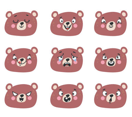 Bear animal muzzle face different emotions face isolated collections set. Vector graphic design illustrationのイラスト素材