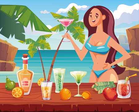 Summer vacation holidays beach sea cocktail party composition concept. Vector cartoon design element illustrationのイラスト素材