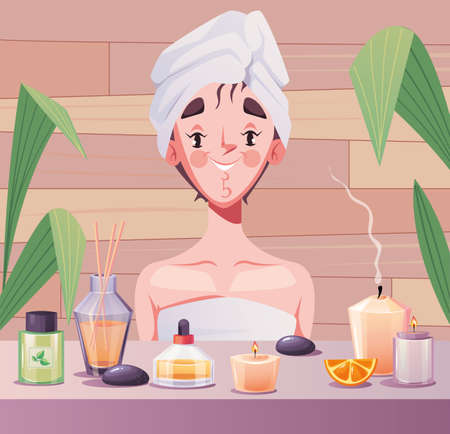 Spa face body care cosmetic procedure beauty therapy composition concept. Vector cartoon design element illustrationのイラスト素材