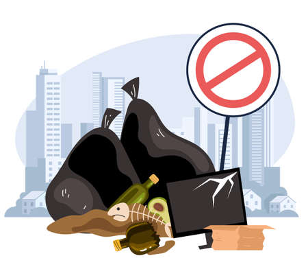 Pile of waste near city. Garbage disposal prohibited red sign concept. Vector cartoon design element illustrationのイラスト素材