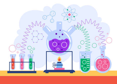Chemistry laboratory school subject supplies tools science equipment test tube flask concept. Vector...
