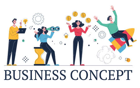 Business people characters office workers managers working on business start up project. Vector doodle line style design elementのイラスト素材