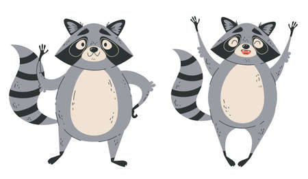 Racoon happy cute animal cartoon character comic style with different pose isolated set collection concept. Vector graphic design element illustrationのイラスト素材
