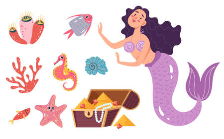 Princess marine mermaid character underwater isolated set collection concept. Vector graphic design element illustrationのイラスト素材