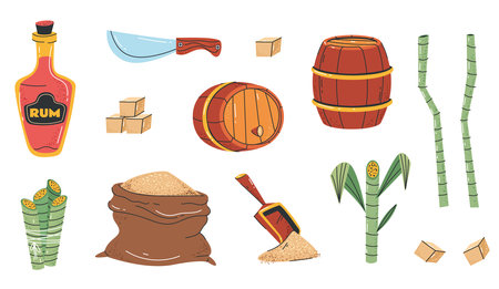 Brown sugar cane alcohol drink rom production agriculture isolated set collection concept. Vector graphic design element illustrationのイラスト素材