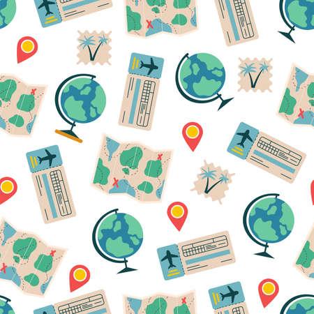Travel element doodle seamless vacation pattern journey banner poster abstract concept. Vector graphic design illustrationのイラスト素材