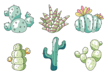 Cactus botanical cacti hand drawn line art plant flower isolated set. Vector graphic design illustrationのイラスト素材