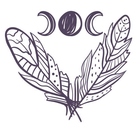 Boho feather print tribal dream vintage line hand drawn art concept. Vector graphic design illustrationのイラスト素材