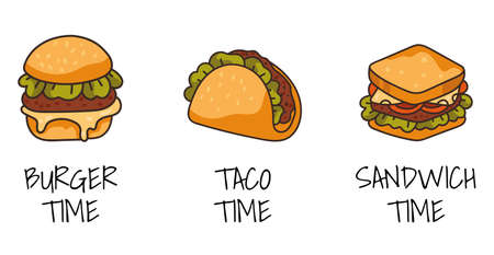Fast food pizza taco burger sandwich line art hand drawn isolated set. Vector graphic design illustrationのイラスト素材