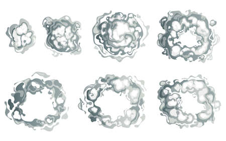 Smoke steam comic cloud puff action effect steps isolated set. Vector graphic design illustrationのイラスト素材
