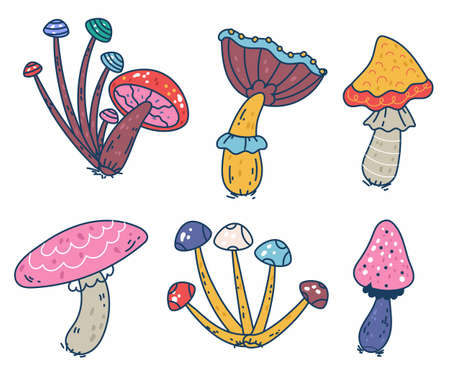 Mushroom retro doodle line style psychedelic isolated set collection. Vector isolated graphic design illustrationのイラスト素材