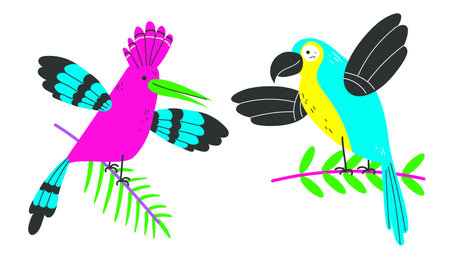 Jungle tropical birds parrot doodle line art isolated set. Vector graphic design illustrationのイラスト素材