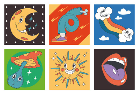 Psychedelic emoji shapes retro comic cards posters isolated set. Vector graphic design illustrationのイラスト素材