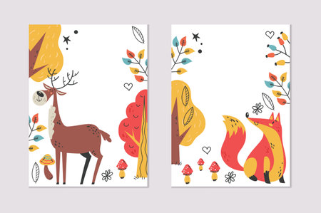 Forest cute animal invitation text place cards sticker set. Vector graphic design element illustrationのイラスト素材